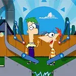 Dos personajes animados con cabello verde y naranja en un escenario colorido con una estructura metálica y un fondo de cielo azul
