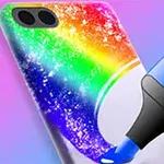 Dibujo de una funda de teléfono con un diseño de arcoíris brillante siendo coloreada con un marcador azul