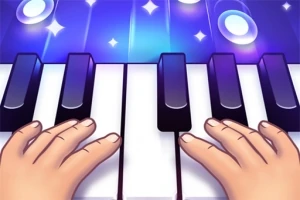 Manos tocando un piano con teclas iluminadas y un fondo azul brillante con estrellas