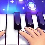 Manos tocando un piano con teclas iluminadas y un fondo azul brillante con estrellas