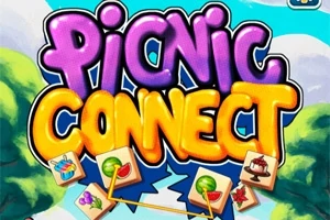 Título colorido Picnic Connect con varios iconos de comida y líneas que los conectan sobre un fondo de arbustos y cielo