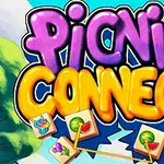 Título colorido Picnic Connect con varios iconos de comida y líneas que los conectan sobre un fondo de arbustos y cielo