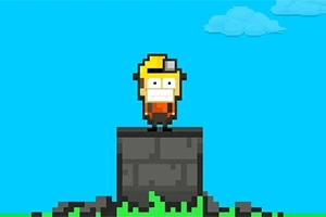 Personaje de píxeles con casco y linterna de pie sobre un bloque de piedra con hierba y cielo azul de fondo