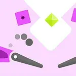Mesa de pinball abstracta con un diseño minimalista en tonos rosados y elementos geométricos