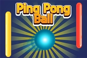 Pelota azul brillante en el centro con texto Ping Pong Ball arriba y barras verticales amarilla y roja a los lados sobre un fondo oscuro con rayos