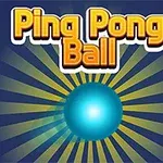 Pelota azul brillante en el centro con texto Ping Pong Ball arriba y barras verticales amarilla y roja a los lados sobre un fondo oscuro con rayos