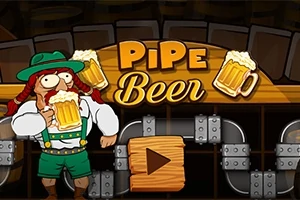 Hombre con ropa tradicional bávara sosteniendo una jarra de cerveza junto a un letrero que dice Pipe Beer