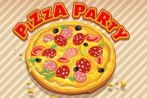 Pizza con ingredientes como pepperoni, aceitunas y verduras, con el texto Pizza Party en letras grandes y coloridas