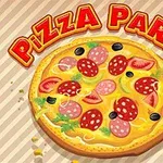 Pizza con ingredientes como pepperoni, aceitunas y verduras, con el texto Pizza Party en letras grandes y coloridas