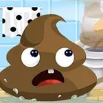 Caricatura de excremento con expresión sorprendido frente a un inodoro y una mano apuntando en un baño