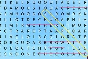 Sopa de letras en un fondo azul con la palabra MOTHER resaltada en amarillo
