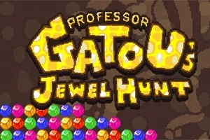Título Professor Gatous Jewel Hunt con fondo de joyas de colores