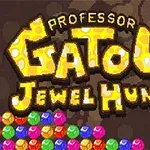 Título Professor Gatous Jewel Hunt con fondo de joyas de colores