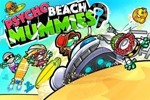 Momias surfeando y disfrutando en una playa con un ovni en la arena