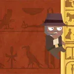 Un personaje vestido con un sombrero y un abrigo oscuro se aferra a una columna amarilla con jeroglíficos, sobre un fondo de mural rojo con figuras antiguas