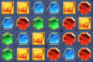 Rejilla de gemas de colores en forma de hexágonos y cuadrados sobre un fondo azul