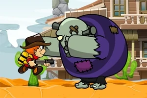 Un personaje en sombrero y mochila enfrenta a un monstruo gris grande con parche morado, sosteniendo un arma en un escenario del oeste