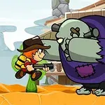 Un personaje en sombrero y mochila enfrenta a un monstruo gris grande con parche morado, sosteniendo un arma en un escenario del oeste
