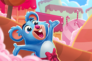 Un oso azul alegre con una gran sonrisa rodeado de un colorido paisaje de caramelos y pasteles