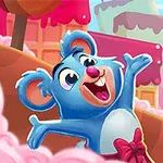 Un oso azul alegre con una gran sonrisa rodeado de un colorido paisaje de caramelos y pasteles