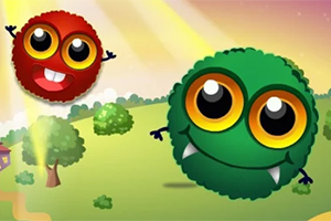 Dos criaturas esféricas y coloridas con grandes ojos y expresiones felices flotan sobre un paisaje de campo soleado