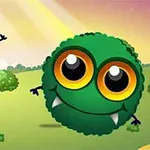 Dos criaturas esféricas y coloridas con grandes ojos y expresiones felices flotan sobre un paisaje de campo soleado