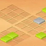 Cuadrícula isométrica en tonos de beige con piezas cuadradas verdes y grises sobre algunas casillas