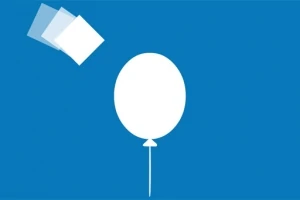 Globo blanco en un fondo azul con tres cuadros blancos superpuestos en la esquina superior izquierda
