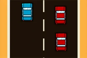 Carros de colores azul y rojo en una carretera de dos carriles