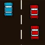 Carros de colores azul y rojo en una carretera de dos carriles