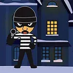 Un personaje animado vestido como ladrón con gorra negra y camiseta de rayas, frente a un edificio oscuro con ventanas iluminadas