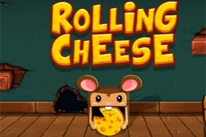 Un ratón caricaturesco sujetando un queso frente a un agujero en una pared con las palabras Rolling Cheese en letras amarillas encima