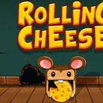 Un ratón caricaturesco sujetando un queso frente a un agujero en una pared con las palabras Rolling Cheese en letras amarillas encima