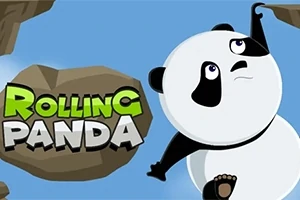 Un panda colgando de una roca en un fondo azul con el texto Rolling Panda al lado
