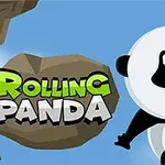 Un panda colgando de una roca en un fondo azul con el texto Rolling Panda al lado
