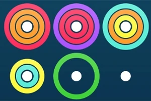 Círculos concéntricos de varios colores sobre un fondo azul oscuro, con un diseño simétrico y un punto blanco en el centro de cada conjunto