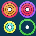 Círculos concéntricos de varios colores sobre un fondo azul oscuro, con un diseño simétrico y un punto blanco en el centro de cada conjunto