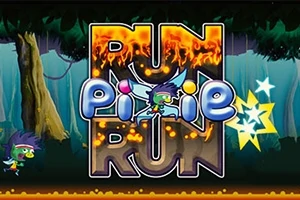 Personaje de duendecillo corriendo en un bosque con un letrero que dice Run Pixie Run en letras llamativas