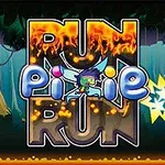 Personaje de duendecillo corriendo en un bosque con un letrero que dice Run Pixie Run en letras llamativas