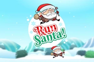 Santa Claus caricaturizado corriendo sobre un paisaje nevado con el texto Run Santa!