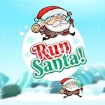Santa Claus caricaturizado corriendo sobre un paisaje nevado con el texto Run Santa!