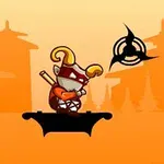 Personaje con cuernos y máscara roja sosteniendo un bastón en un escenario con fondo de pagodas naranjas