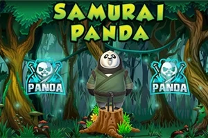 Panda vestido de samurái de pie sobre un tronco en un bosque con el título Samurai Panda en la parte superior