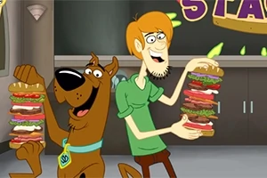 Un perro caricaturesco y un hombre sostienen enormes sándwiches con muchas capas