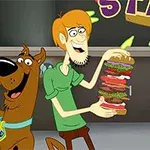 Un perro caricaturesco y un hombre sostienen enormes sándwiches con muchas capas