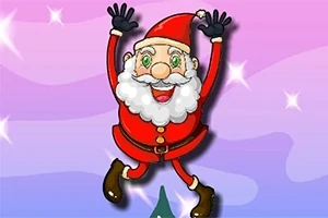 Santa Claus saltando con alegría sobre un fondo rosa y morado con estrellas brillantes