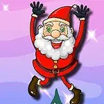 Santa Claus saltando con alegría sobre un fondo rosa y morado con estrellas brillantes