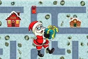 Santa Claus lleva un regalo mientras camina por un laberinto nevado con casas navideñas y arbustos
