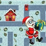 Santa Claus lleva un regalo mientras camina por un laberinto nevado con casas navideñas y arbustos