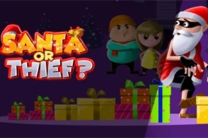 Un personaje disfrazado de Santa Claus con antifaz está junto a varios regalos, mientras dos figuras de dibujos animados observan desde el fondo junto a un texto que dice Santa or Thief?